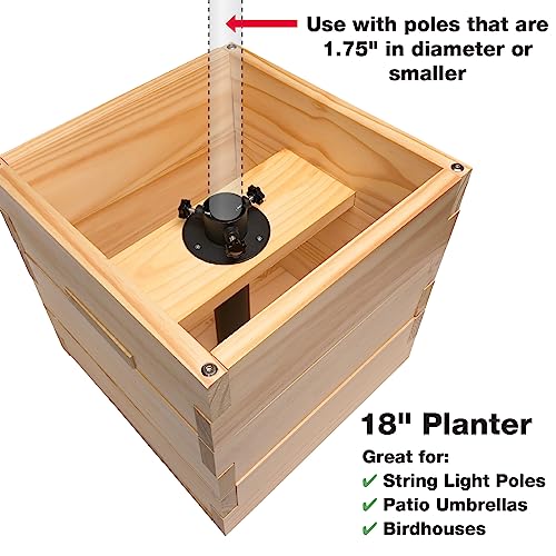 Extra Large Decorative Wooden Planter with Universal Pole Support for String Light Poles, Umbrellas, Bird Feeders. Solid Wood Outdoor Garden Patio Box for Plants or Flowers, 17"x17"x18", Natural