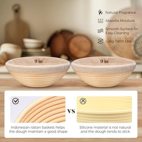 Banneton Bread Proofing Basket - Sourdough Starter Kit Banneton Sourdough Proofing Basket Set of 2, Sourdough Bread Baking Supplies for Making Baking Fermentation (9" Round Set of 2, 6 Accessories)