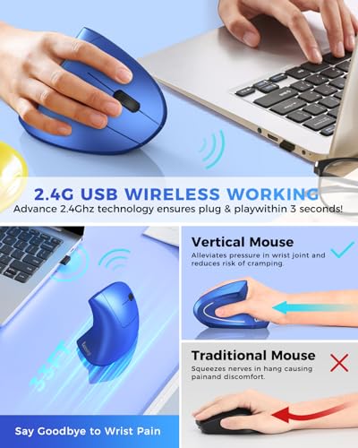 Lekvey Ergonomic Mouse, Vertical Wireless Mouse Rechargeable 2.4G USB Optical Carpal Tunnel Mice : 3 DPI 800/1200/1600 Levels 6 Buttons, for Laptop, PC, Computer, Desktop, Notebook etc, Blue