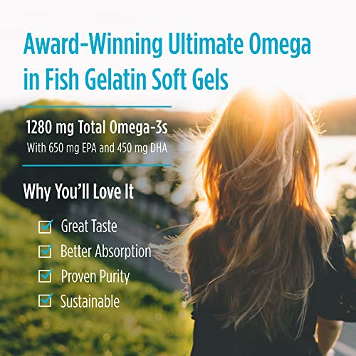 Nordic Naturals Ultimate Omega in Fish Gelatin, Lemon Flavor - 60 Soft Gels - 1280 mg Omega-3 - High-Potency Fish Oil Supplement - EPA & DHA - Promotes Brain & Heart Health - Non-GMO - 30 Servings