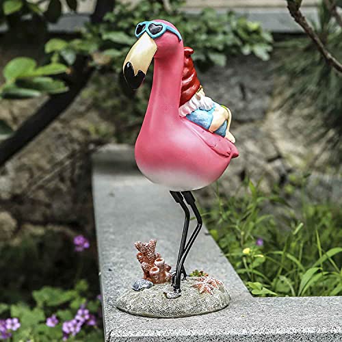 Jy.Cozy Gnome Garden Statue Funny Gnome Reclining on Flamingo Figurines, Resin Garden Gnomes Fall Decorations Outdoor for Patio Yard Lawn Porch, Ornament Gift