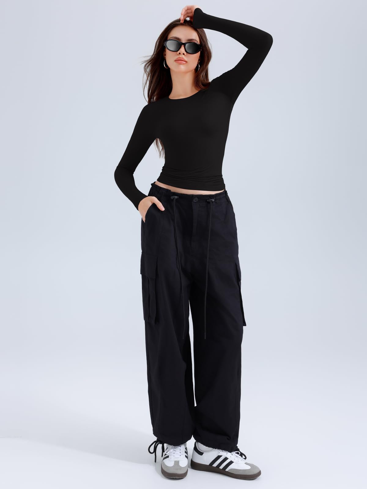 REORIA Long Sleeve Shirts for Women 2025 Fall Fashion Round Neck Basics Y2K Tops Layering Slim Fitted Top Black