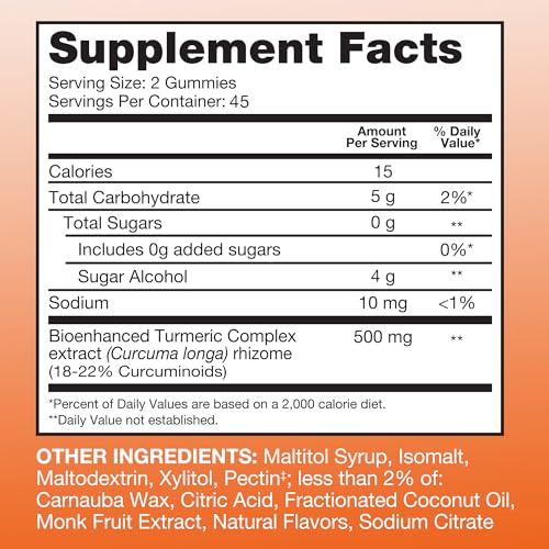 Qunol Zero Sugar Turmeric Gummies, Gummy with 500mg Turmeric Curcumin, Joint Support Supplement, Ultra High Absorption Tumeric Curcumin, Vegetarian, Gluten Free, 90 Count