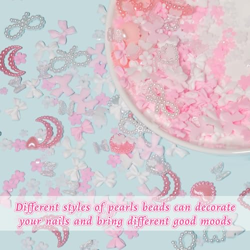 Pink White Bows Flowers Butterfly Pearls for Nails Heart Blossom Flowers Bowknots Acrylic Nail Charms for Manicure DIY Crafts Jewel Accessories