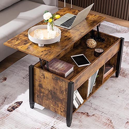 VINGLI Color Upgraded Farmhouse Lift Top Coffee Table, Rustic Grey Coffee Table with Lift Top, Lift Up Pop Up Coffee Table with Storage Shelf/Hidden Compartment, Coffee Table Mesa De Centro para Sala