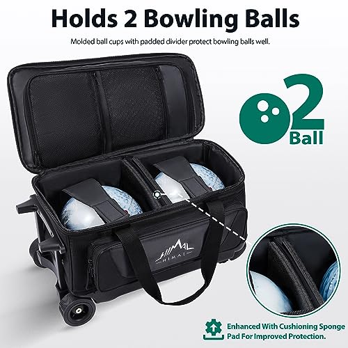 GoHimal Double Roller 2 Ball Bowling Bag with Separate Shoe Compartment for Bowling Shoes (Up To US Mens Size 15) and Oversized Accessory Pocket, Retractable Handle - Extends to 40" (Black)