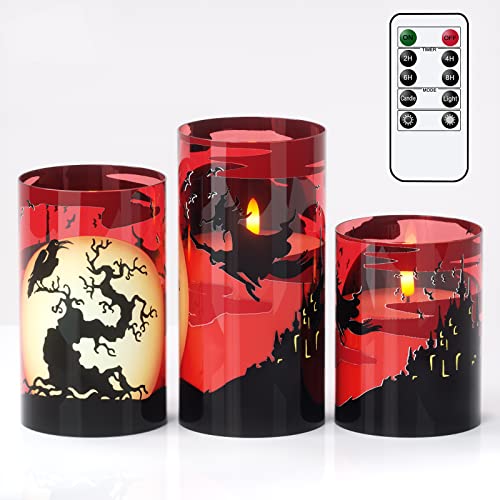 Eldnacele Halloween Flameless Candles, LED Flickering Battery Pillar Candles with 6H Timer and Pumpkin Decals, Spooky Fall Halloween Festival Party Decoration Set of 3 (D 3” x H 4” 5” 6”)