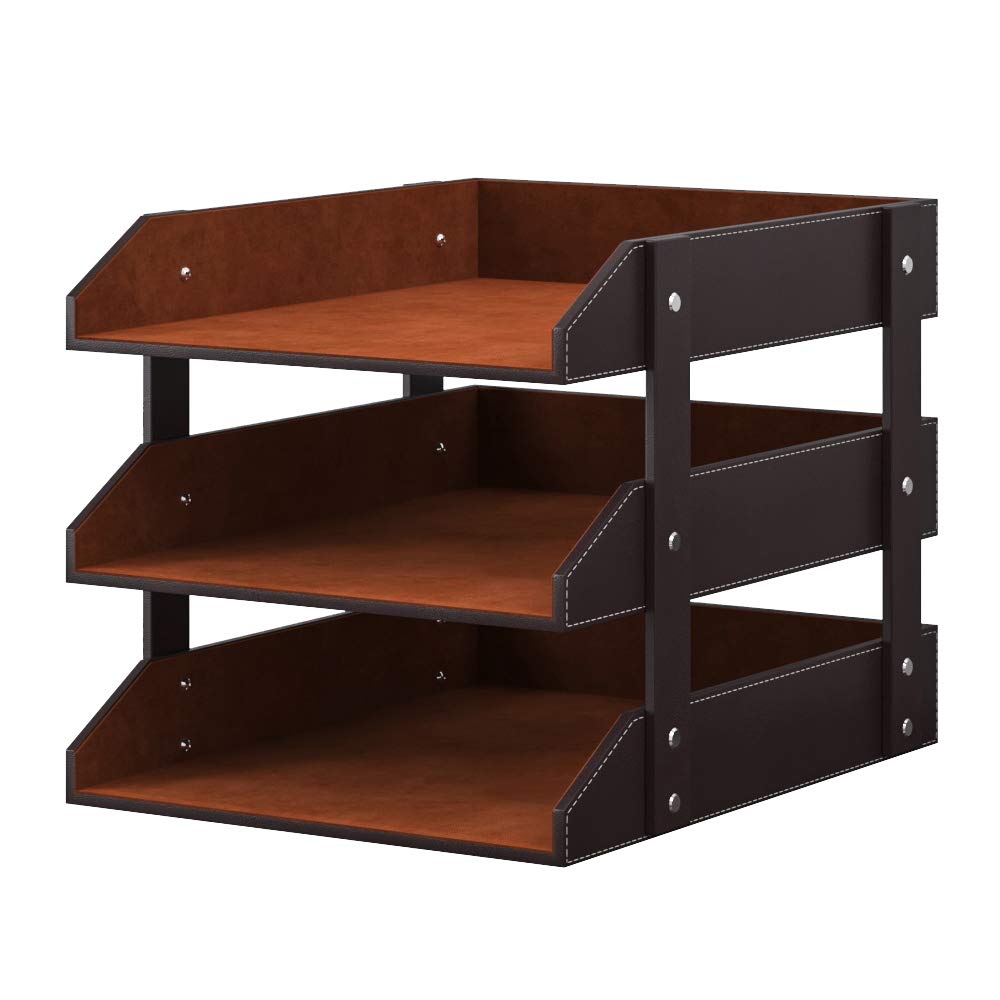 Leather Desk Organizer, Thipoten 3-Tier Stackable Letter Tray Holder for Office Supplies, Paper, File, Magazine, Perfect Office Organization for Desktop (Brown-3Tiers)