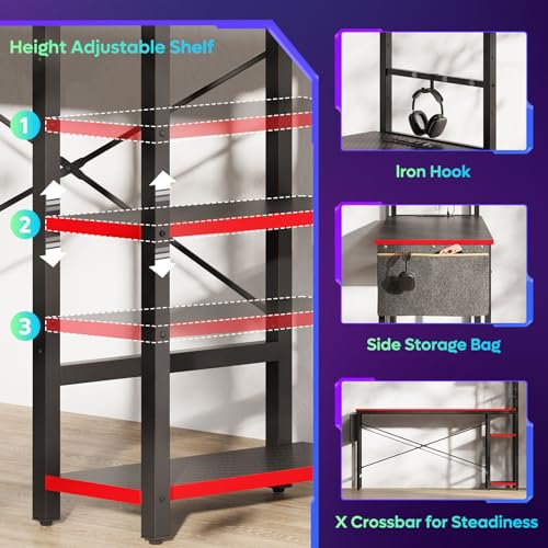 Bestier 61 Inch Gaming Desk with LED Lights, Reversible Shelves, Height Adjustable Shelf, Steel Frame, CARB P2 Class Board, Black Grained