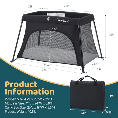 Pamo babe Mini Travel Crib, Portable and Easy to Carry Baby Playard, Lightweight Playard for Baby with Soft Mattress Pad(Black)