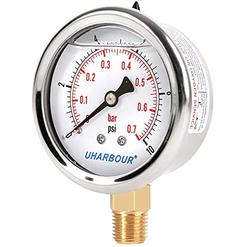 UHARBOUR Glycerin Filled Vacuum Pressure Gauge, 2-1/2" Clear dial,1/4" NPT Back Connection, Stainless Steel Case, Brass Movement, Dual Scales -30HG/60PSI……