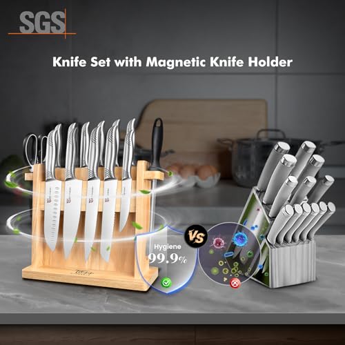 SYOKAMI Knife Block Set, 14 Pieces Japanese Style Knife Set With Magnetic Holder, High Carbon Stainless Steel Ultra Sharp Knives With Ergonomic Handle, Including Sharpener And Shears, Black Dot