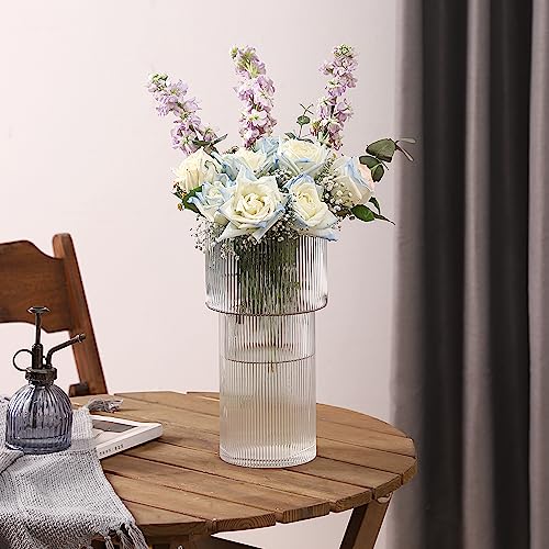 YANWE1 Large Glass Vase, 12 Inches Tall Vase for Flowers, Flower Vases for Bouquet, Modern Ribbed Glass Vases for Living Room, Dining Table, Office, Entryway, Mantle, Shelf, Wedding Gifts