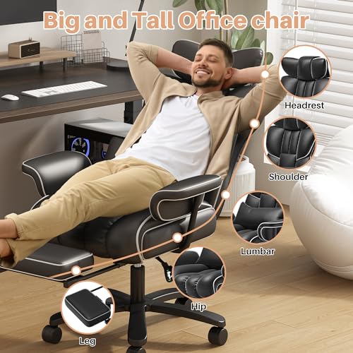 GXJ Big and Tall Office Chair 400lbs Wide Seat, Comfy Reclining Office Chair with Footrest, High Back Executive Office Chair with Removable Lumbar Support, Home Office Computer Desk Chair