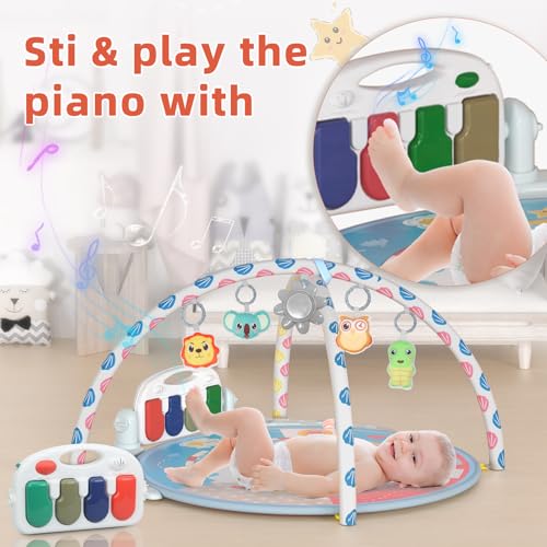 Baby Tummy Time Mat, Baby Gyms Playmats Activity Mat with 4 Toys and Mirror, Piano Keys with 40 Music, Multi-Functional Sensory Development Activity Gym for Infants and Toddlers 3 to 18 Month(Blue)