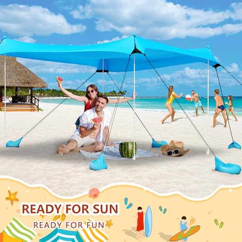 Beach Tent, Camping Tent UPF50+ with 8 Sandbags, Beach Essentials for 6-12 Persons, Beach Shade Canopy with Stability Poles and Big Ground Pegs, Pop Up Canopy for Camping, Picnics, 10X10FT Blue