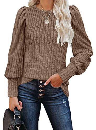 MIHOLL Womens Long Lantern Sleeve Sweaters Dressy Casual Ribbed Shirts Solid Crew Neck Tops Blouses(Dark Grey, large)
