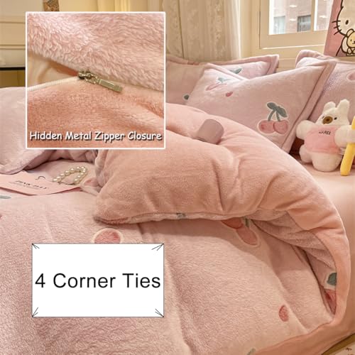 LMONMOO Pink Duvet Cover Twin, Ultra Soft Fluffy Comforter Cover Set, Cute Kawaii Bedding Sets for Girl Kids, All Season(Cherry, Twin)