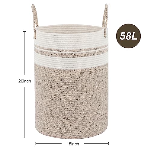 Fixwal 58L Laundry Basket, 15 x 20inches Large Laundry Hamper Tall Cotton Rope Woven Decorative Storage for Living Room, Toys, Towels, Clothes Baby Nursery Bin, Brown/Beige