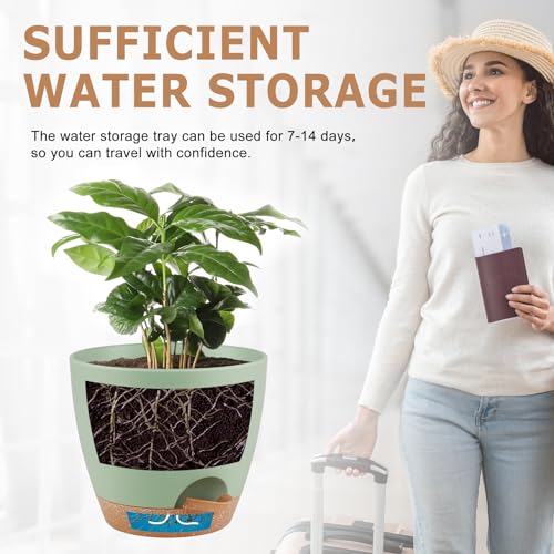 QRRICA Plant Pots 8/7/6.5/6/5.5/5 Inch Self Watering Pots, Set of 6 Plastic Planters with Drainage Holes and Saucers,Plastic Flower Pots,Nursery Planting Pot for Indoor Out Door Plants(Green)