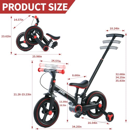 JMMD Toddler Bike with Push Handle for Kids 18 Months-5 Years, 6 in 1 Push Bike with Training Wheels & Pedals, Balance Bike for Boys and Girls with Brakes & Kickstand, Black