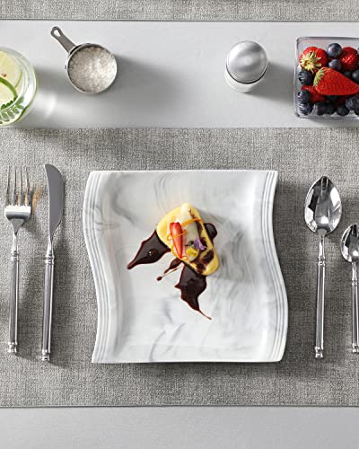 MALACASA Square Dinner Plates, 8.2 Inch Porcelain Serving Plate, Ceramic Dessert Plates Set of 6, Modern White Kitchen Plates, Microwave, Oven, Dishwasher Safe, Series Flora