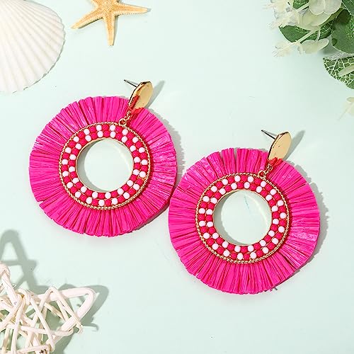 Raffia Round Dangle Earrings Handmade Beaded Raffia Dangle Earrings Boho Summer Beach Dangling Earrings Trendy Statement Geometric Earrings Jewlery for Women (hot pink raffia round earrings)