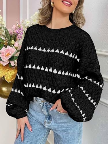 Saodimallsu Womens Oversized Sweaters Striped Long Lantern Sleeve Crew Neck Fall Trendy Knit Pullover Sweater Gray