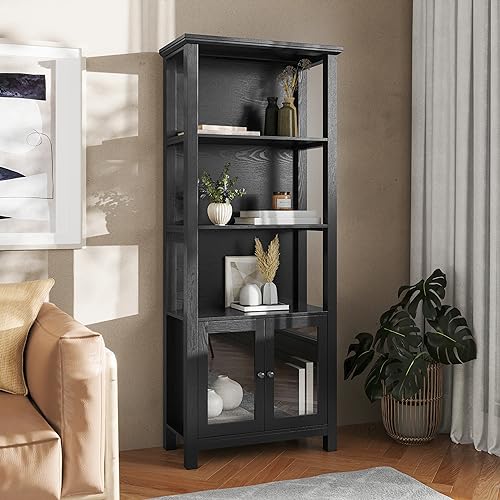 Flash Furniture Stella Modern Farmhouse Wooden Bookcase and Storage Cabinet with Tempered Glass Doors and 3 Upper Shelves, Set of 1, Black