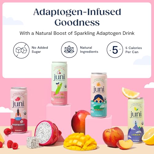Juni Sparkling Adaptogen Drink with Ashwagandha, Lion’s Mane & Reishi Mushrooms | Green Tea for Focus, Zero Sugar, 5 Calories, Organic | Non Alcoholic Drinks - Lemon 12 pack