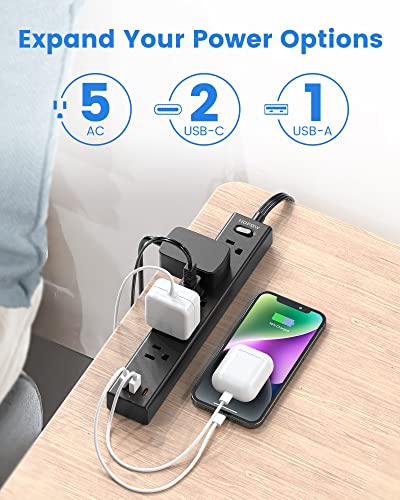 HOPOW Flat Plug Power Strip, 6 Ft Ultra Thin Extension Cord, Surge Protector with 5 Outlets & 3 USB Ports (2 USB C), 1700 Joules, Wall Mount, Desktop Charging Station for Home Office Dorm, Black