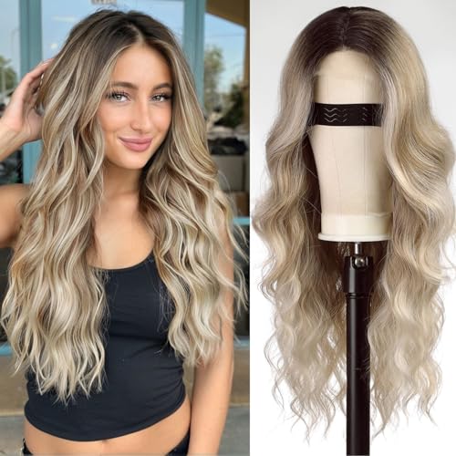 KOME Ombre Ash Blonde Long Wave Wigs for Women,Put On Go Glueless Lace Front Wig,Middle Part Synthetic Wig for Daily Party Use 26IN