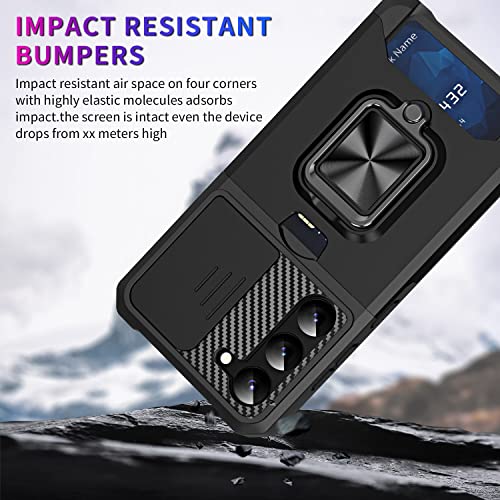 Mavis's Diary Galaxy S24 Kickstand Case, Heavy Duty Shell with Slide Camera Cover, Rotatable Ring Holder Stand, Shockproof Rugged Protective Case for Samsung Galaxy S24 (Black)