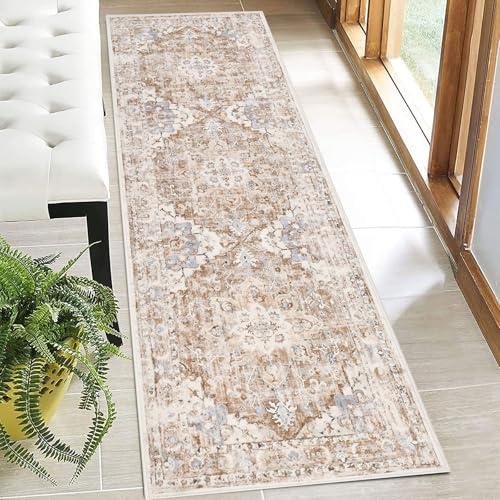 U'Artlines 2' x 6' Boho Hallway Runner Rug, Non Slip Washable Vintage Farmhouse Accent Area Rug Carpet for Kitchen Entryway Laundry and Living Room (Beige Khaki)