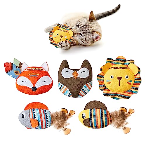 Potaroma Cat Toys Jungle Animals, 5 Pack Bite Resistant Catnip Toys, Interactive Cat Kicker Toys for Indoor Cats, Promotes Kitten Exercise, 3.5 Inches