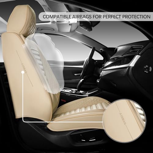 WENNFOUR Car Seat Covers Front Seats, Universal Nappa Leather Seat Covers with Headrest Pillow for Most Vehicles SUV Pick-up Truck, Full Coverage Automotive Seats Protector Fit for 2 Seats, Beige