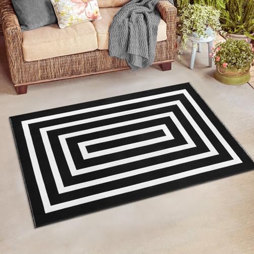 Lahome Black and White Outdoor Patio Rug, 3x5 Washable Outdoor Rugs for Front Door Mat Woven Cotton Area Rug, Geometric Indoor Outdoor Rugs Front Porch Rug for Bedroom Backyard