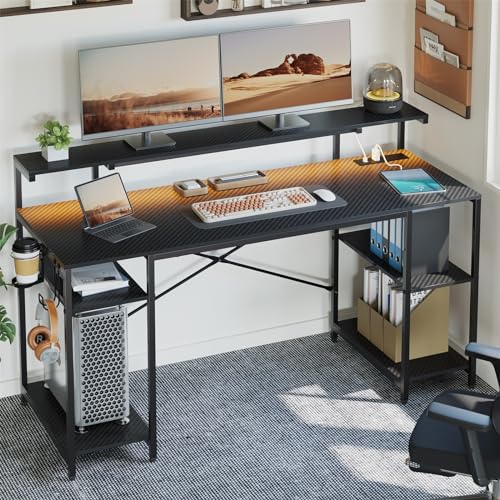 Bestier 55 inch Gaming Desk with Power Outlets & LED Lights, Computer Desk with Monitor Stand & Adjustable Shelves, Home Office Desk with Cup Holder & Hook, Black 3D Carbon Fiber