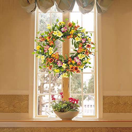 20 inch Spring Summer Wreaths for Front Door Floral Wreath with Colorful Wildflowers,Eucalyptus Leaves,Olive Leaves,Small Berries for Indoor Outdoor Farmhouse Home Wall Window Festival Decoration