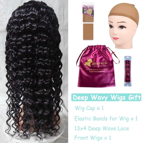 ABSFWIW 18Inch Deep Wave Lace Front Wigs Human Hair-13x4 HD Transparent Deep Wave Frontal Wigs Glueless Curly Wigs for Women 180% Density Curly Lace Front Wigs Human Hair Pre Plucked with Baby Hair