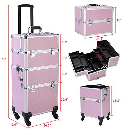Karl home 3 in 1 Makeup Train Case Rolling Cosmetic Trolley Large Capacity Travel Organizer with Key 360°Swivel Wheels Suitcase for Beauticians Hairstylists Nail Tech Students, Pink