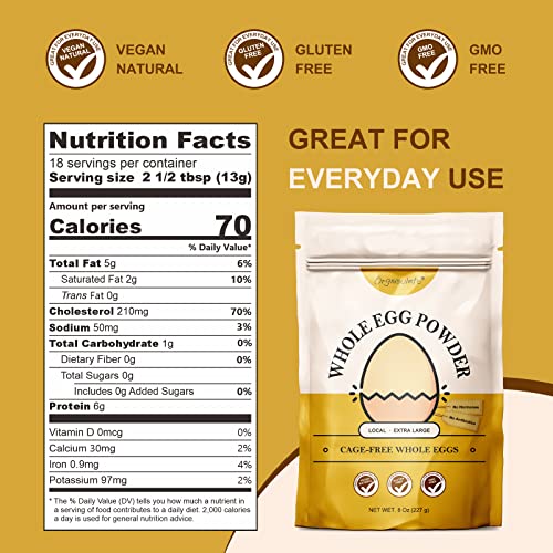 Orgnisulmte Whole Egg Powder, Fresh Pasteurized Egg Powder, All Natural, No Additives, Gluten Free Excellent for Baking Made in USA 8 Oz