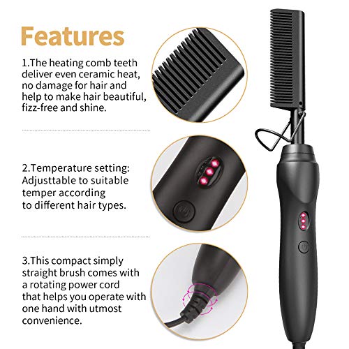 Hot Comb Hair Straightener Pressing Combs - Ceramic Electric Straightening Comb, Curling Iron for Natural Black Beard Wigs Holiday Gift - Black 5 In1