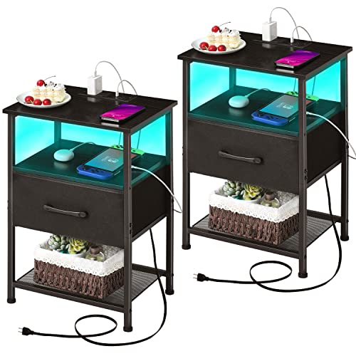LAKEMID Nightstands Set of 2 with Charging Station and Drawer, End Table Bedside Table with 20 Colors LED Light Strip and 2 Layers Shelf for Bedroom Living Room Sofa Couch (Black)