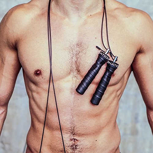 WOD Nation Attack Speed Jump Rope - Black Alloy Steel Handles - Weighted & Speed Cable System - Includes 11 ft Heavy (3.3 mm) & Light (2.2 mm) Cables for Men & Women