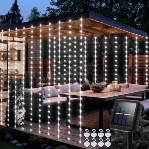 echosari Christmas Curtain Lights Solar Powered 7.9ft x 6ft 144 LED Outdoor Curtain Lights Waterproof with Timer 8 Modes for Christmas Garden Patio Fence Wedding Wall Window Gazebo Decor Cool White