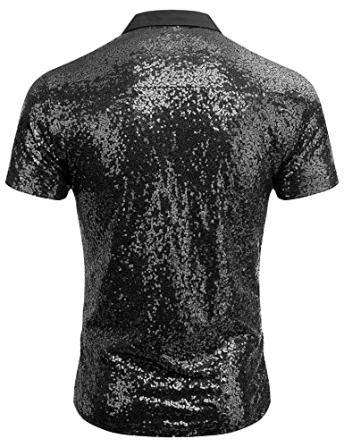 AstoSeu Men's Sequin Dress Shirt 70s Disco Costume Sparkle Party Short Sleeve Button Down Shirts Black M