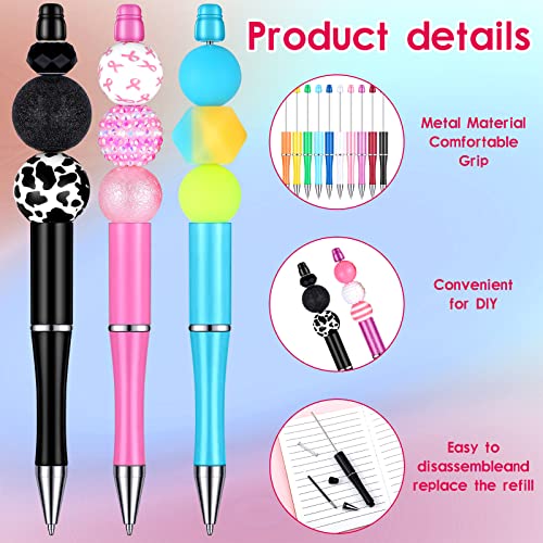 Yeaqee 150 Pieces Beadable Pens Kit 50 Pieces Colors Plastic Beaded Ballpoint Pens Bulk 50 Foil Thank You Cards with 50 Resealable Packaging Bags for School DIY Making Gift(Bright Style)