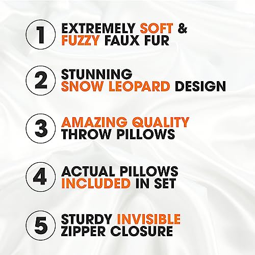 Cheer Collection Faux Fur Throw Pillows with Inserts – Set of 2 Decorative Square Couch Pillows, 12” x 20” Snow Leopard Embossed Ombre Design for Sofa, Bed & Living Room Decor