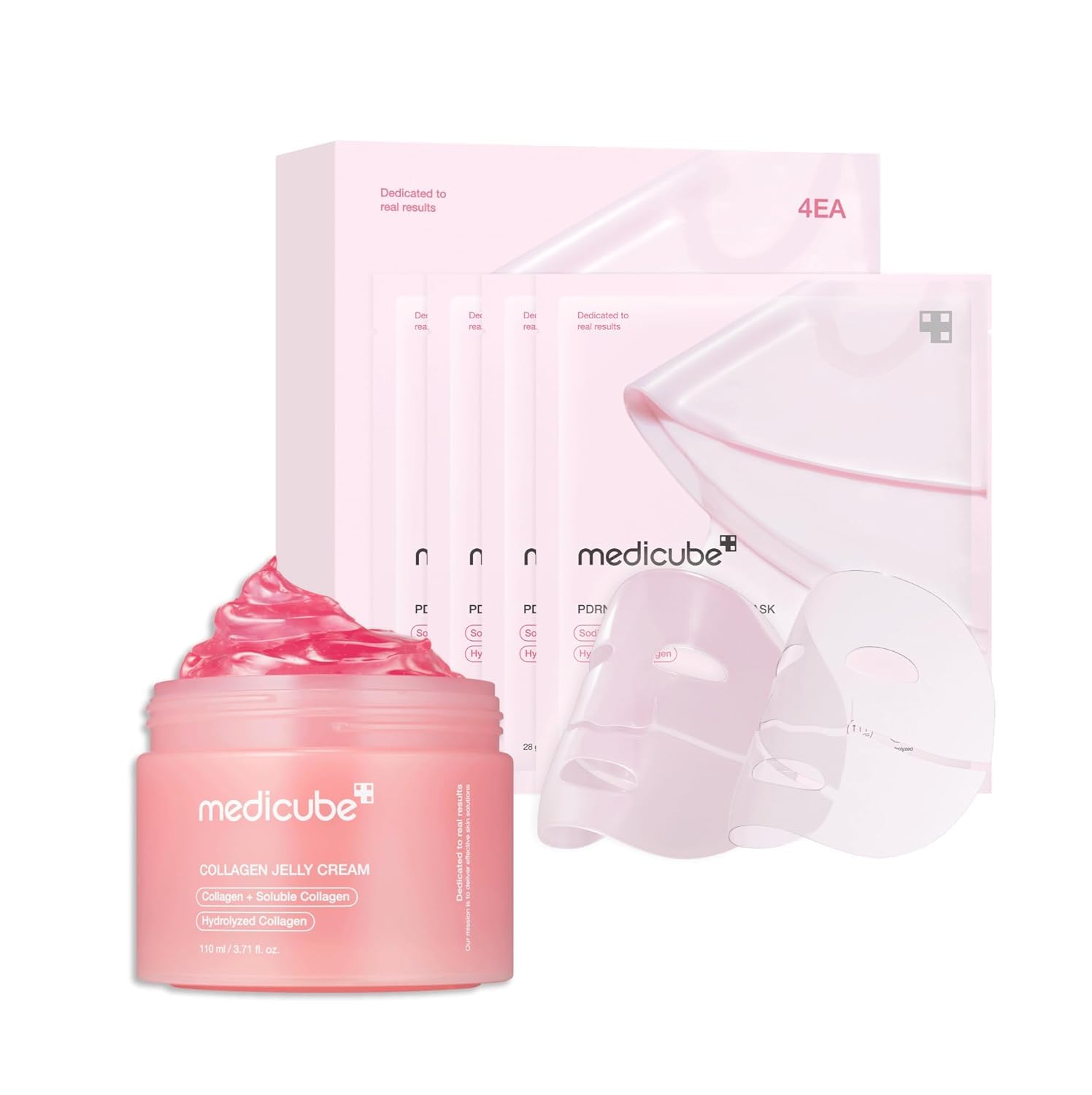 medicube Pink Glass Glow Duo for Uneven skin: Collagen Jelly Cream 110ml and Salmon DNA PDRN pink collagen jelly gel mask (4ea)